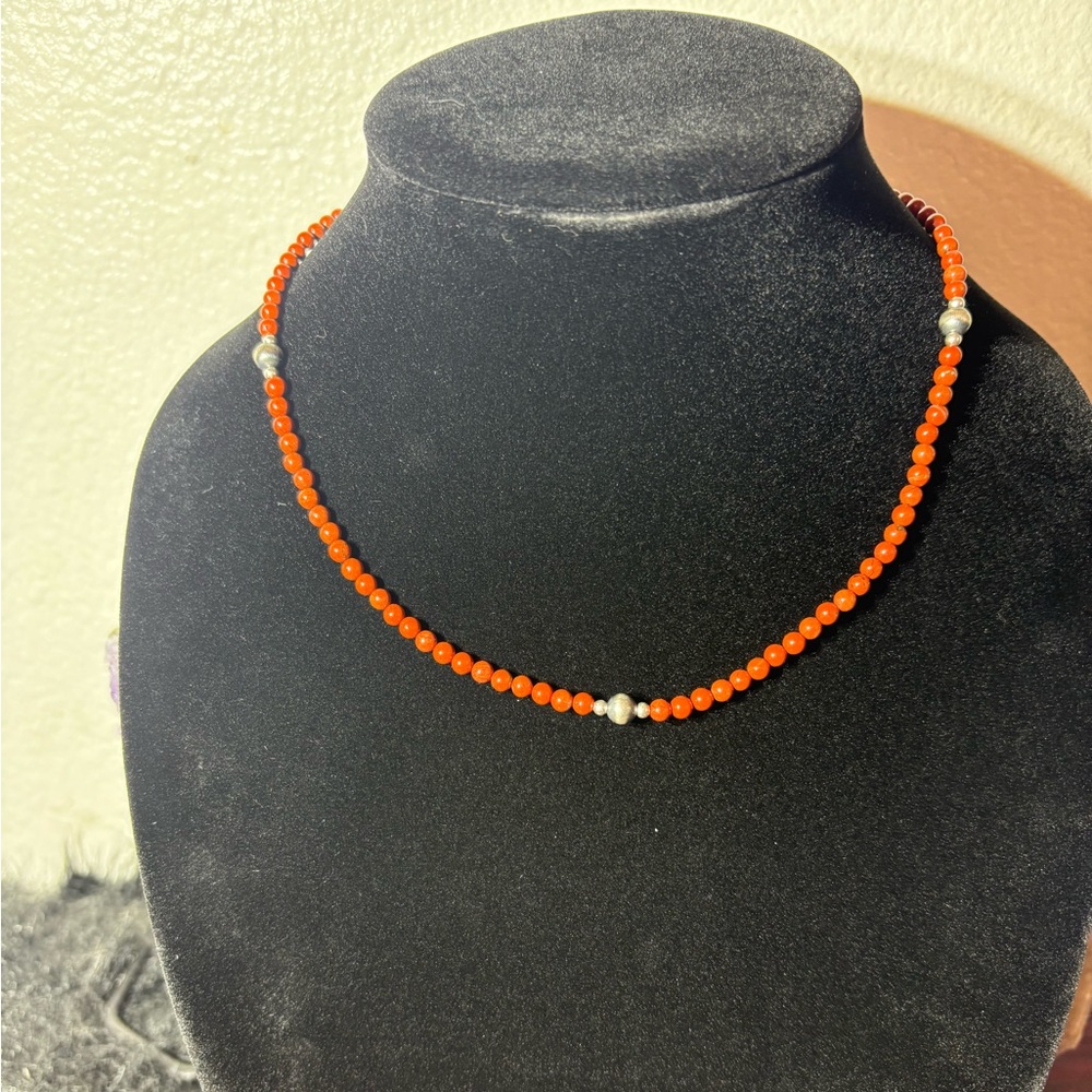 Red Jasper Single Strand Bead Necklace With Navajo Pearls